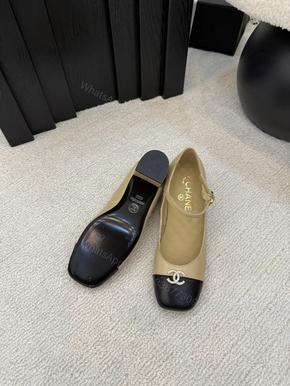 View 7 of Two-Tone Leather Midi Heel Pumps with Cap Toe Shine