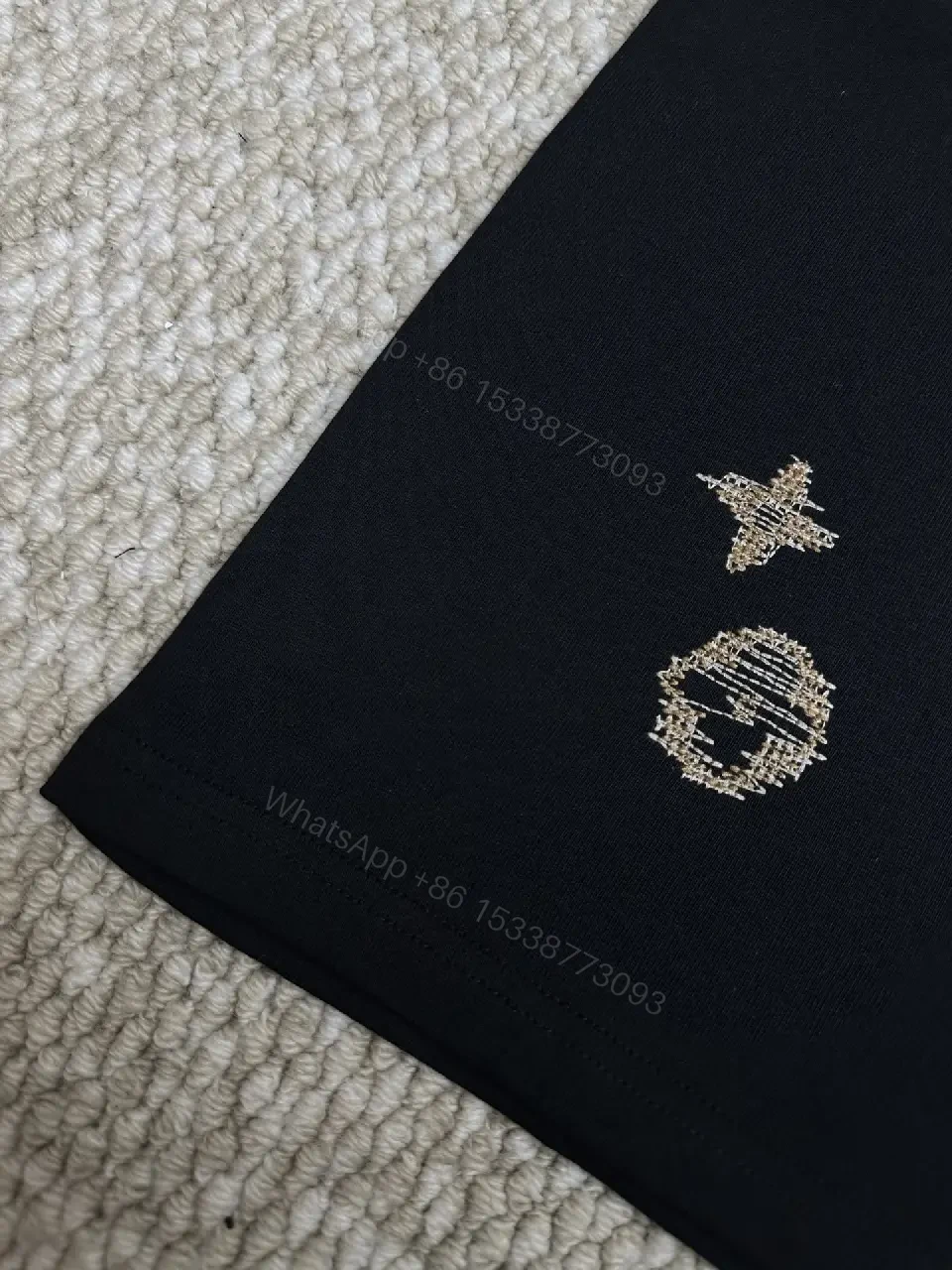 View 5 of Black Cotton Tee with Gold Embroidered Louis Vuitton Motif Tee