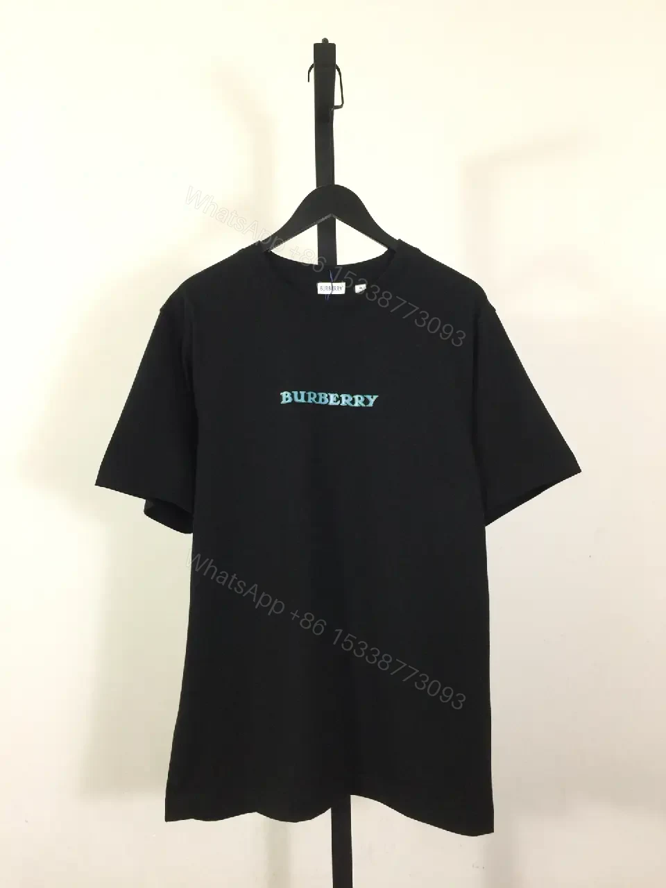 View 10 of Black Cotton T-shirt Regular Fit Turquoise Burberry Chest Text T-shirt