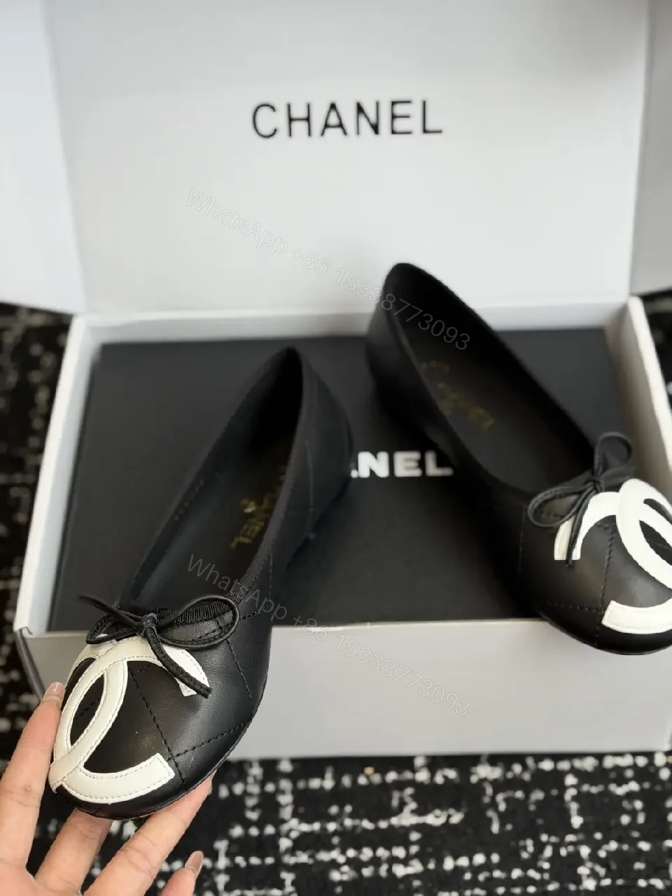 View 5 of Black White Leather Bow Ballet Flats, Classic Chanel Style, Flat Shoes