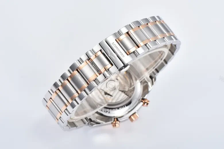 View 8 of Longines Master Collection Moonphase Chronograph Watch Silver Dial Two Tone Stainless Steel and Rose Gold Bracelet 42mm Case Classic Elegant Style