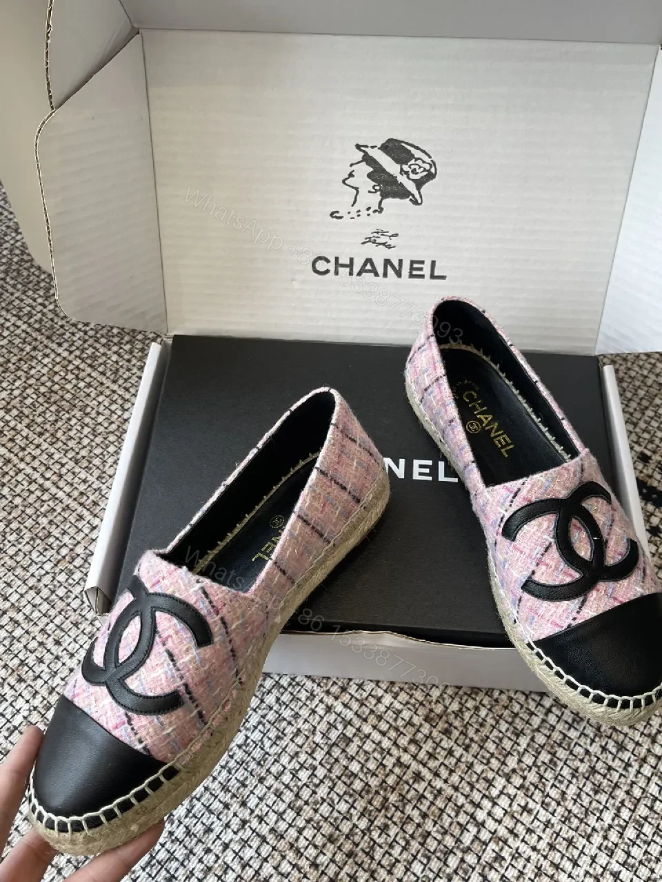 View 3 of Pink Tweed Espadrilles – Black Toe, Logo Detail, Slip-On Comfort