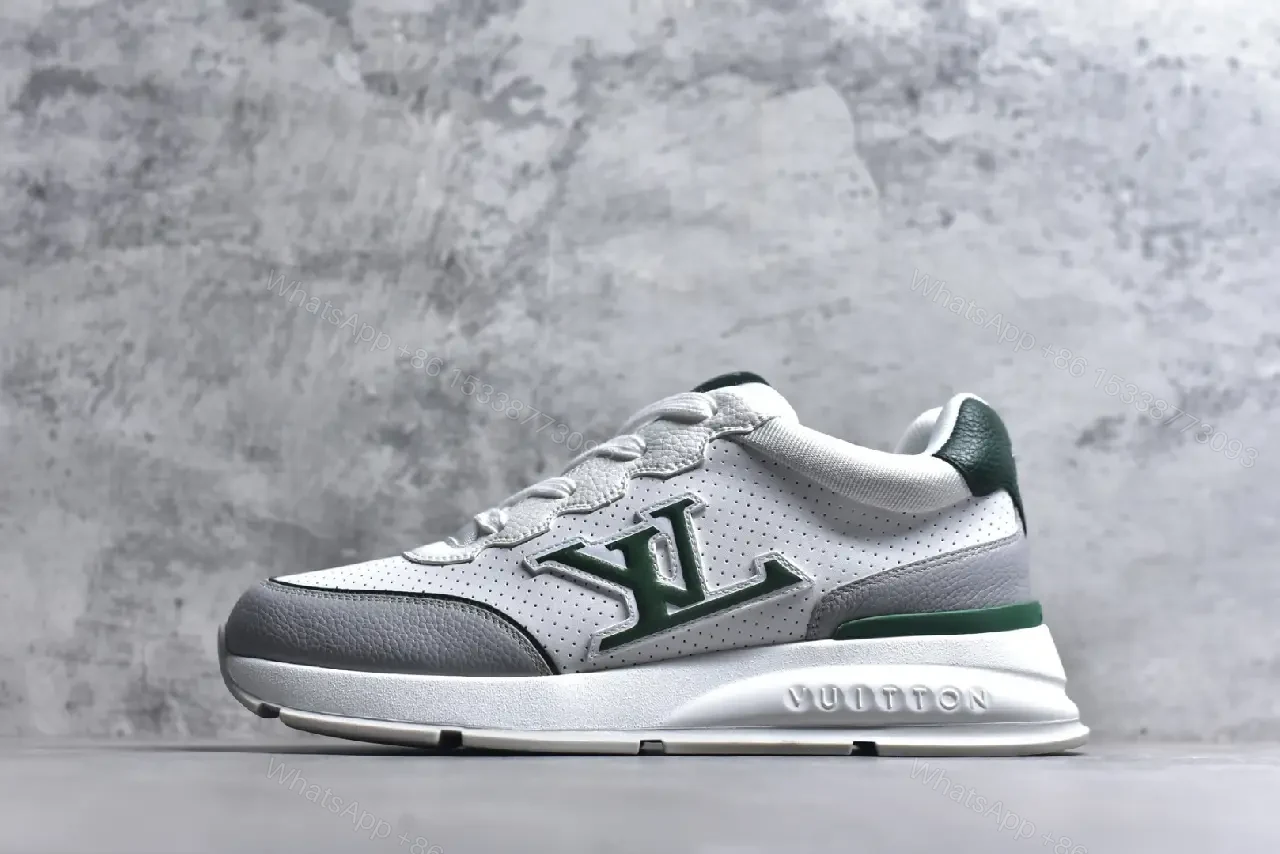Modern Knit-Sneaker in Grey Leather with Green Accents, Comfortable Everyday Luxury — view 1