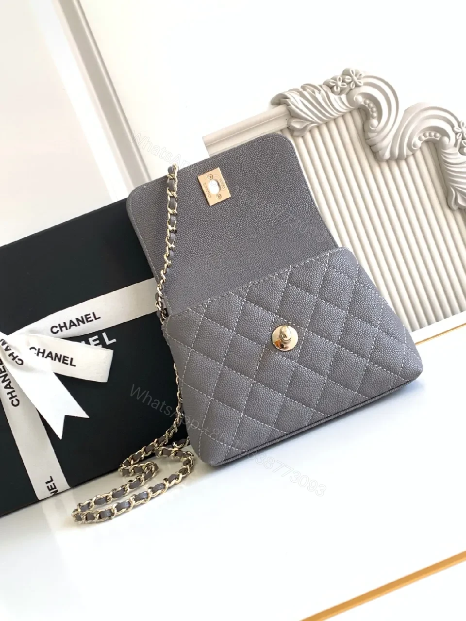 View 3 of Charcoal Leather Quilted Mini Bag with Gold Chain Accent