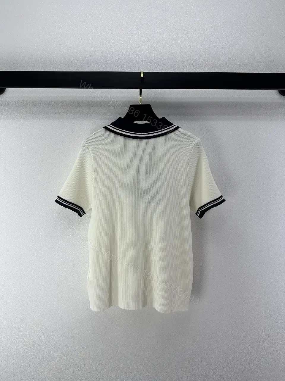View 5 of Cream/Navy Ribbed Polo Shirt with Gold Accents