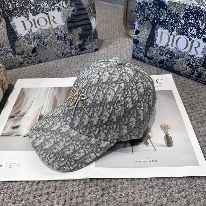 Gray Monogram Textured Cap with Gold Dior Embellishment — view 1