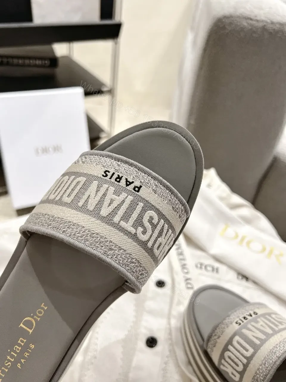 View 7 of Gray Dior Slides with Logo Strap Slippers