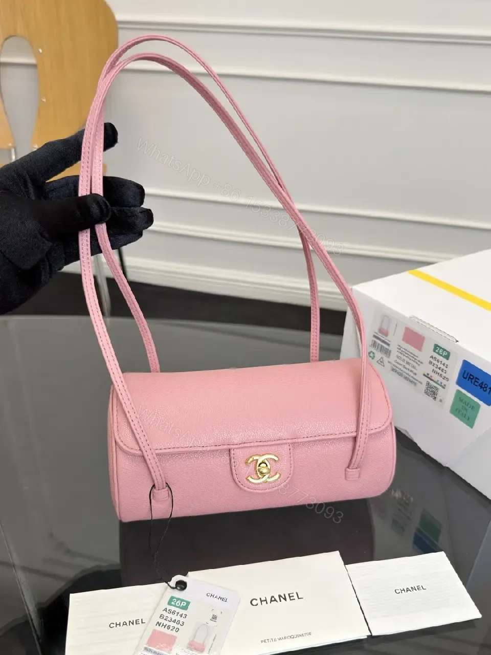 View 10 of Pink Textured Leather Shoulder Bag with Gold Logo Closure (Compact)