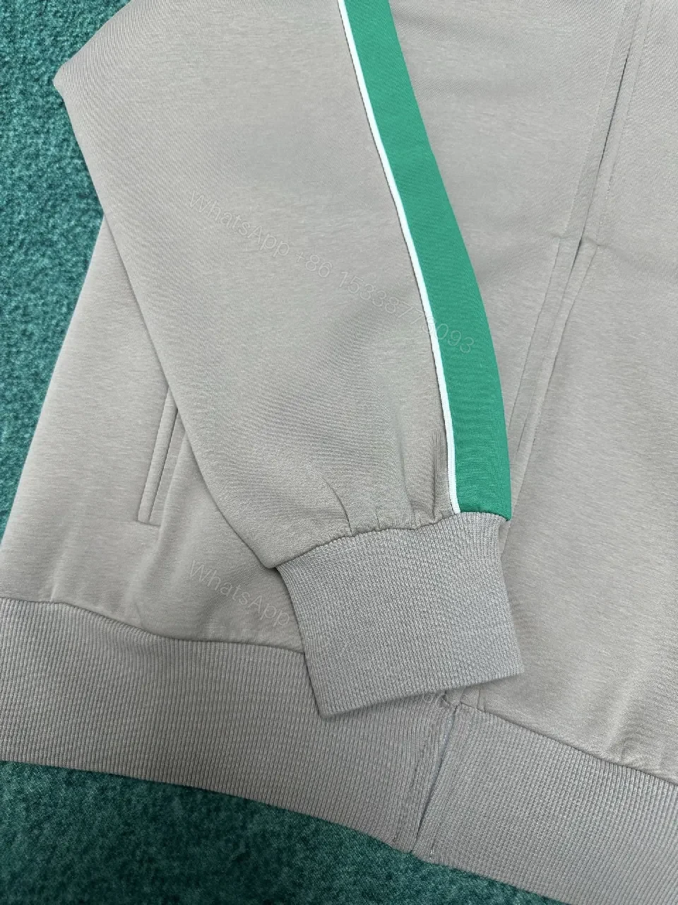 View 7 of Grey + Soft Grey Fabric + Track Jacket + Green Stripe Detail + Product Type