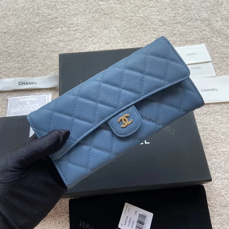 View 8 of Blue Quilted Denim Wallet: Chanel-Style, Gold Hardware, Compact Luxury