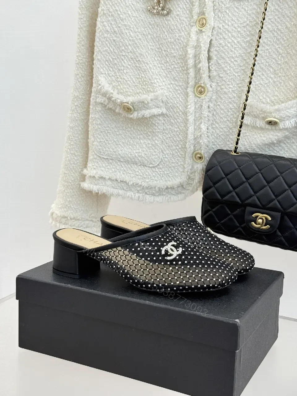 View 10 of Black Mesh Studded Mules Chanel Style Slippers