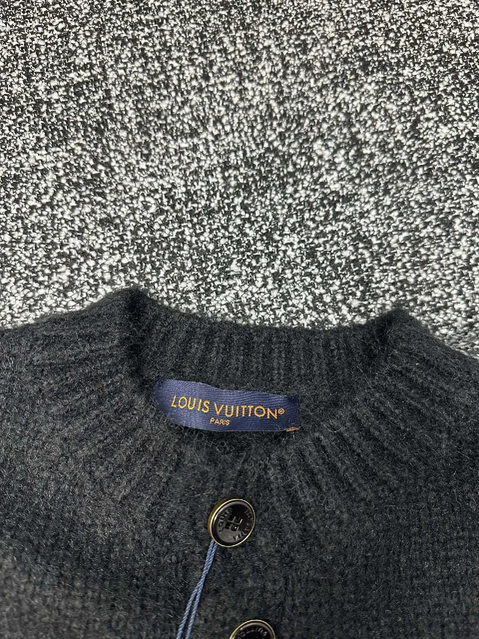View 6 of Statement Cardigan with Monogram Knit, Black, Unisex, Button Front, Cardigan