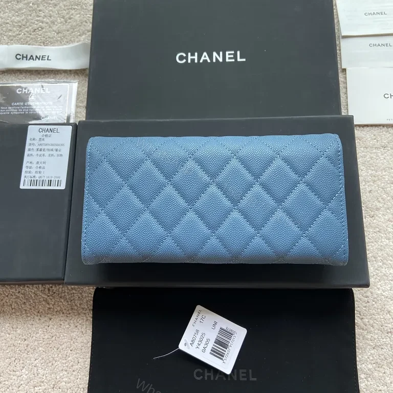 View 4 of Blue Quilted Denim Wallet: Chanel-Style, Gold Hardware, Compact Luxury