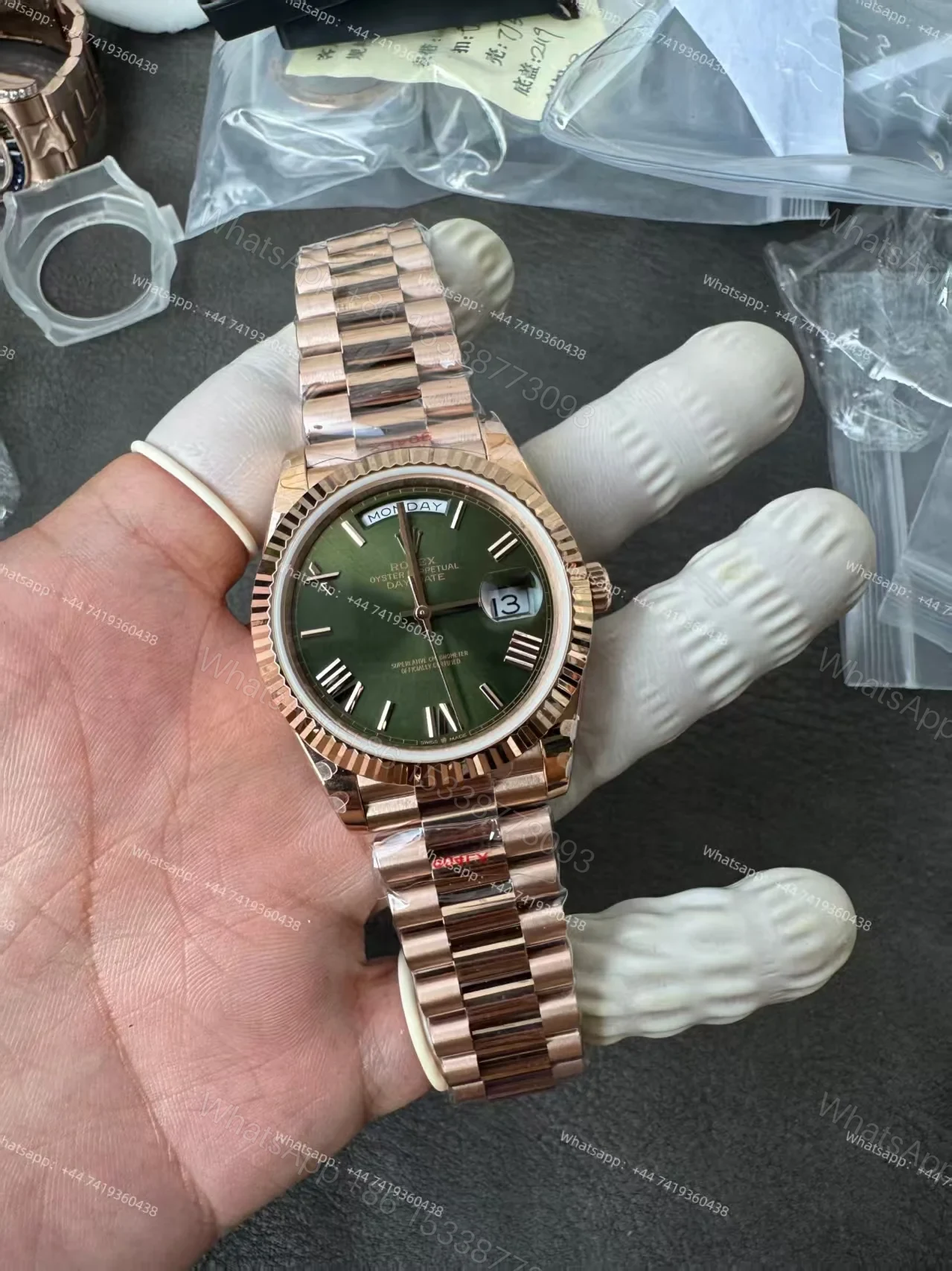 View 2 of Rolex Day-Date M228235-0025 1:1 Replica Rose Gold Olive Dial 40MM 3255 Movement Presidential Bracelet Super Clone Watch