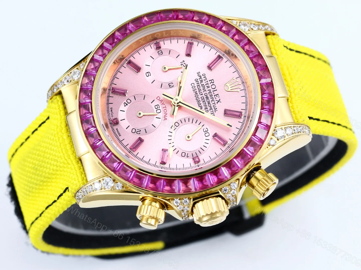 View 5 of Rolex Daytona Pink Ruby Yellow Strap Replica 43MM Exclusive Gold Case Edition RG-ROLEX-DAYTONA-PINK-RUBY-YELLOW-43