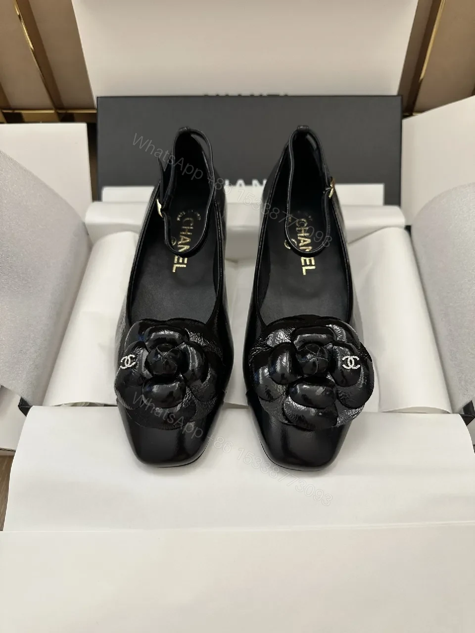 View 4 of Glam Black Patent Flats with Floral Overlay, Slip-On Shoes