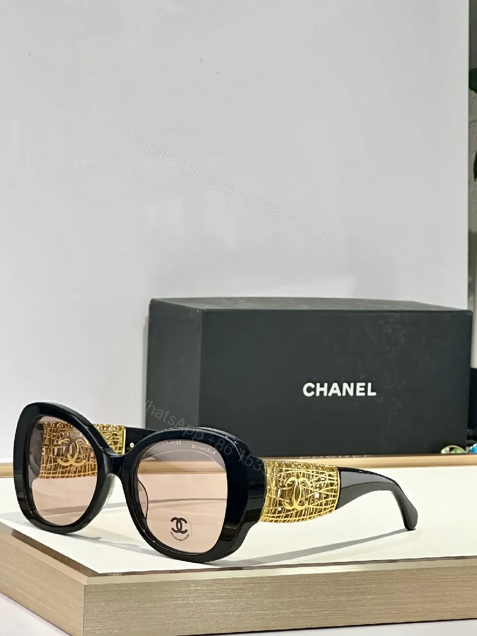 View 9 of Gold-Textured Luxury Sunglasses: Oversized Round, UV400, Acetate