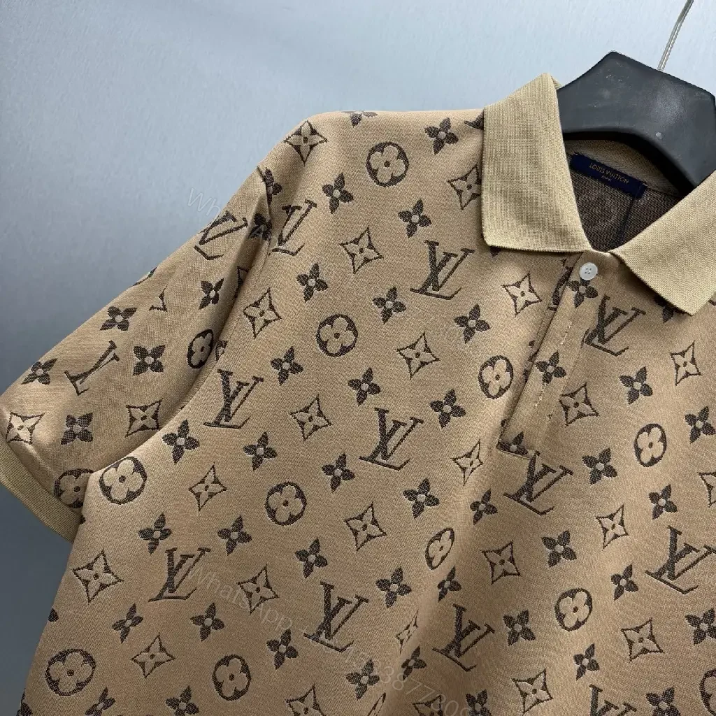 View 3 of Beige Polo: LV Monogram Knit, Classic Comfort Polo Shirt