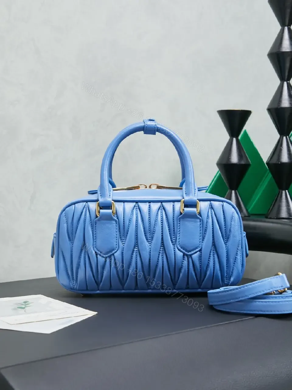 View 2 of Bright Blue Quilted Structured Satchel with Top Handles Analogous to Miu Miu-style Gold Hardware Bag