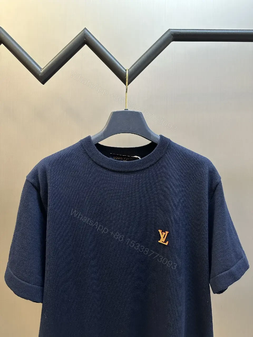 View 7 of Navy Knit Tee Short-Sleeve Rib Crew, Gold LV Logo