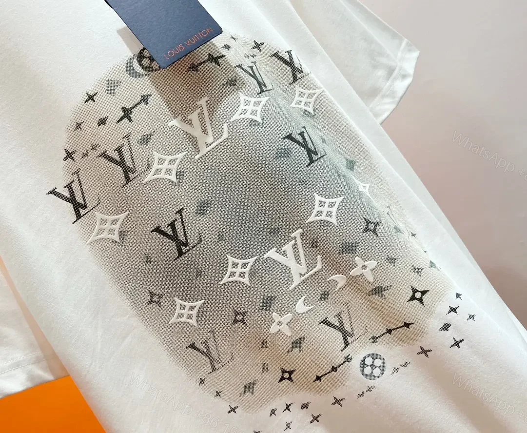 View 7 of White Cotton T-Shirt Circular LV Logo Graphic Diamonds Stars, Modern Style, Crew Neck, Short Sleeve, Black Neck Tag