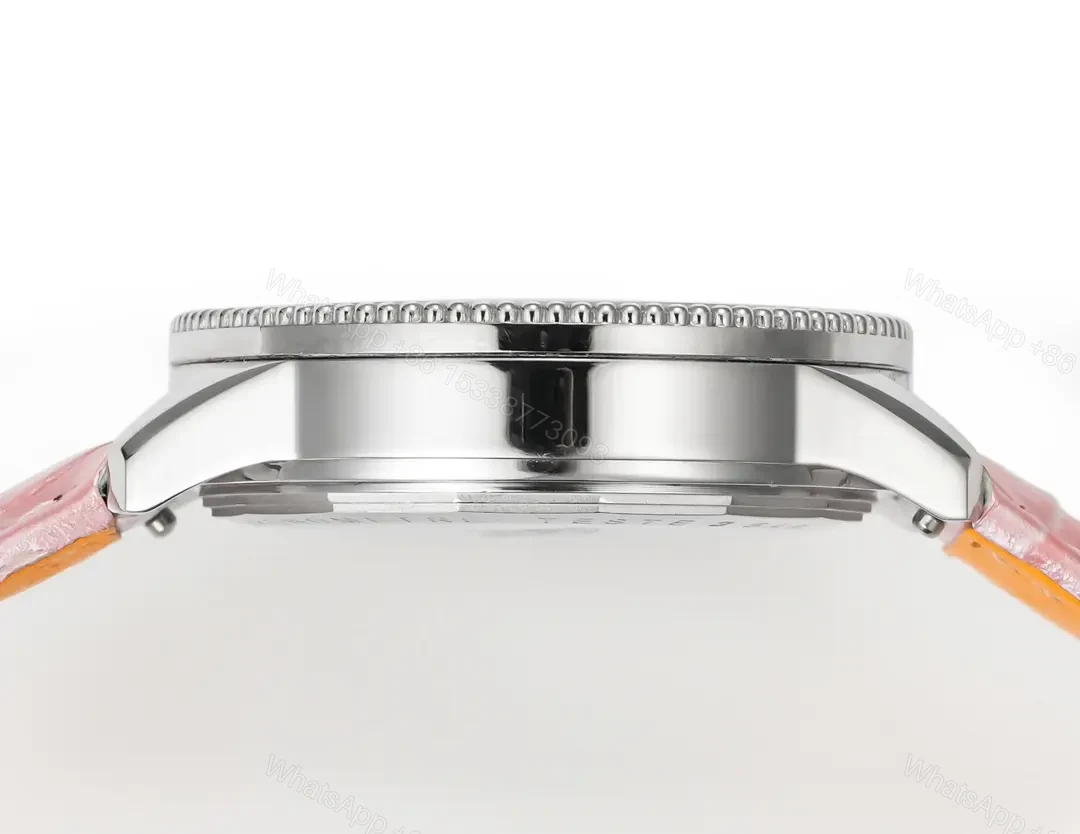 View 7 of OM Factory Breitling Women’s Navitimer Automatic Watch – Pink Leather Strap, White Pearl Dial, Diamond Bezel
