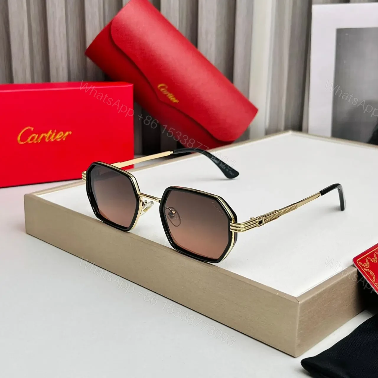 Cartier Gold Hexagon Brown Gradient Sunglasses — view 1