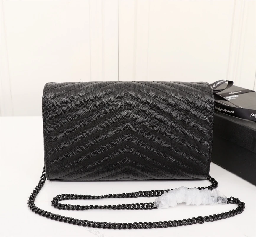 View 3 of Saint Laurent Cassandre Matelassé Chain Wallet In Grain De Poudre Embossed Black Noir 22Cm