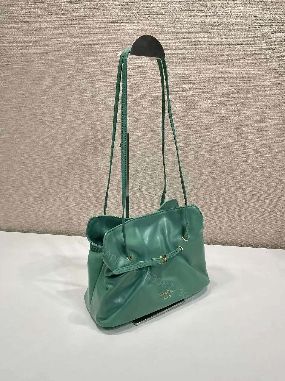 View 7 of Green Leather Drawstring Shoulder Bag - Minimalist Luxe