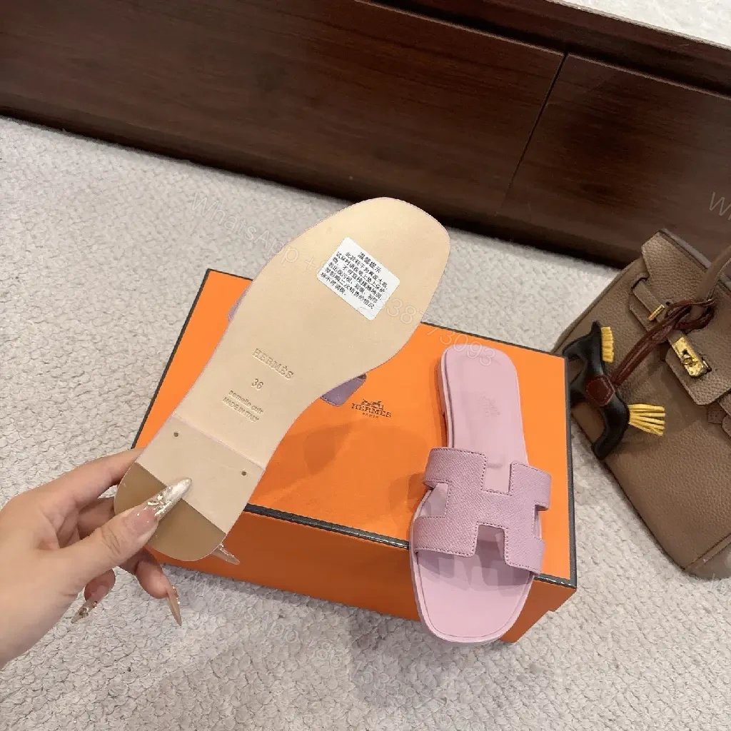 View 4 of Pastel Lavender Leather Sandals: Luxury Comfort Slide with H Motif