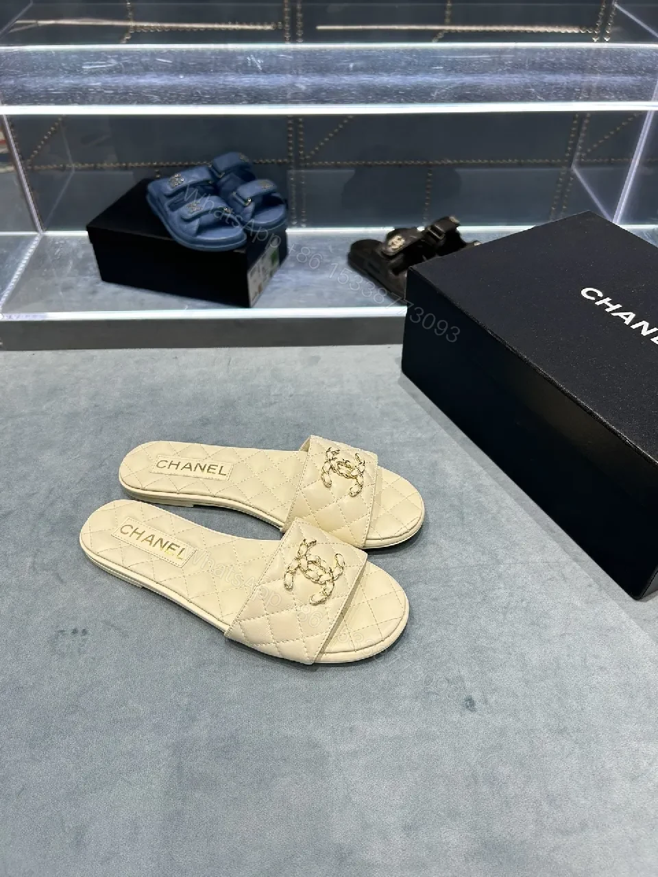 Beige Quilted Slide: Luxe Comfort, Subtle Logo — view 1