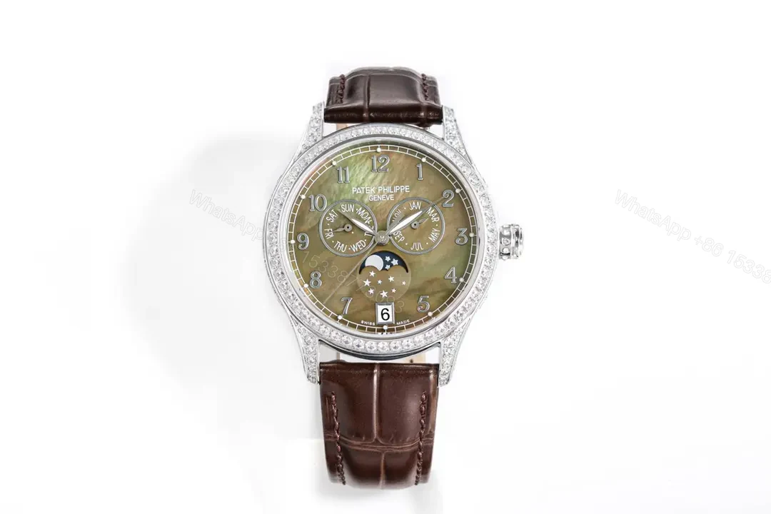 Patek Philippe Complications Collection Annual Calendar Moon Phase Ladies’ Watch in Rose Gold/Silver with Diamond Set Case Brown Leather Strap — view 1