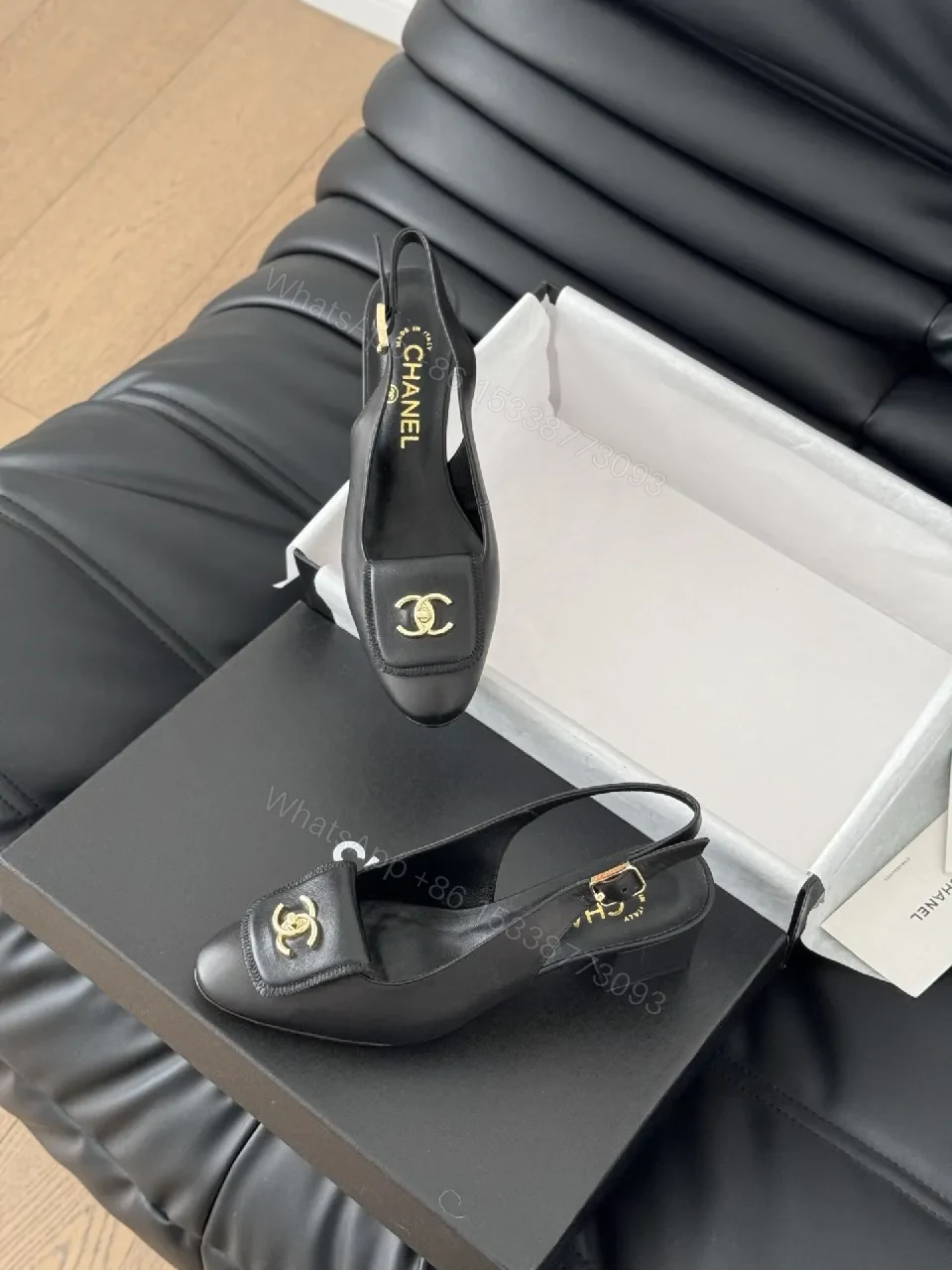 View 8 of Black Leather Slingbacks with Gold Hardware, Luxury-Style Heels