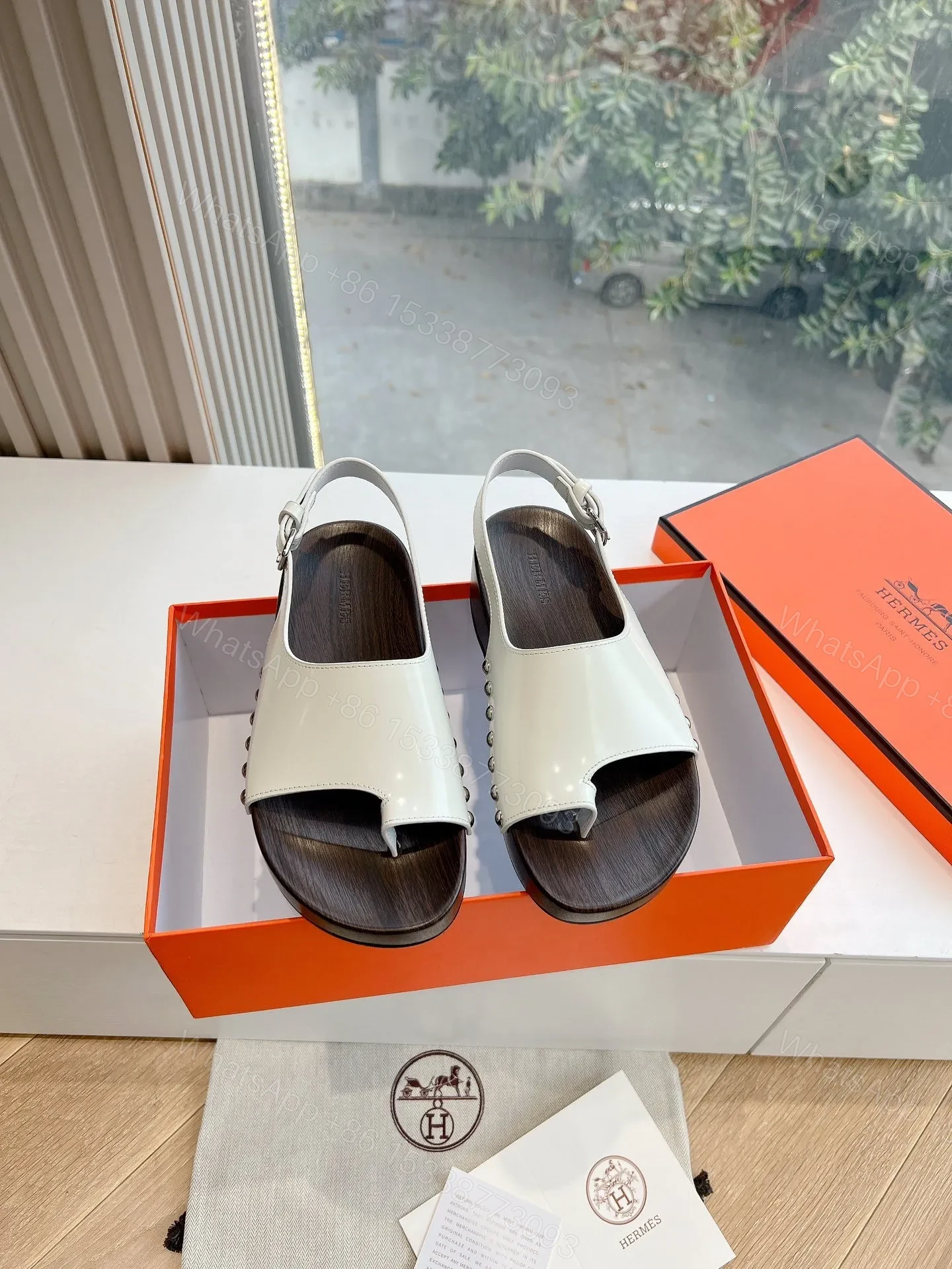 Hermes Women White Leather Wooden Sole Sandals — view 1