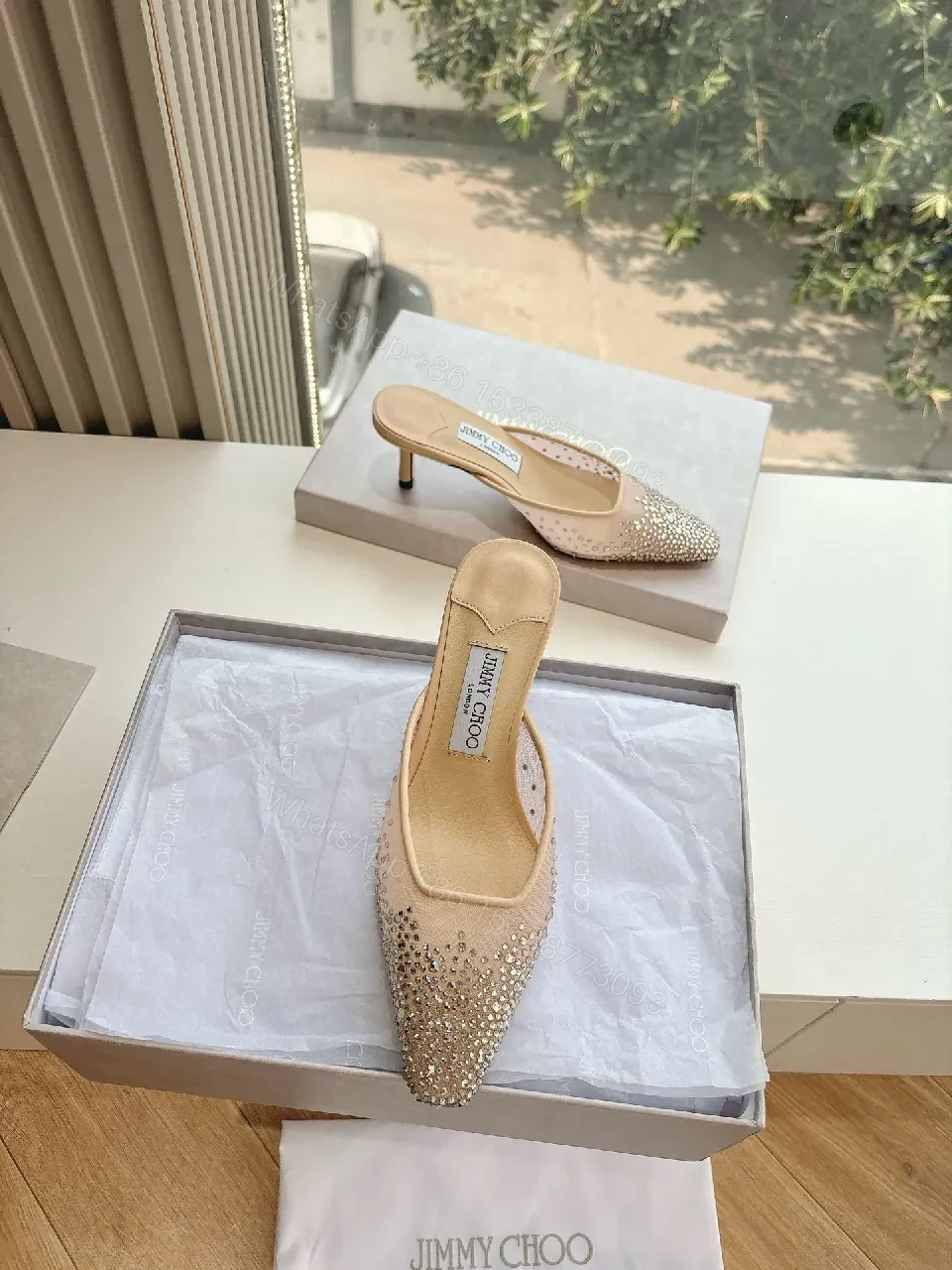 View 9 of Beige Beaded Pointed-Toe Mules — Luxe Crystal Shine