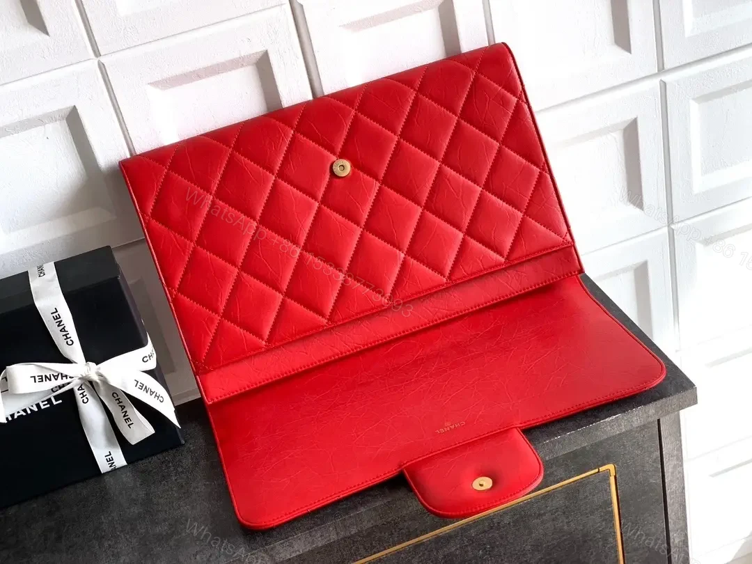 View 6 of Bold Red Quilted Leather Clutch, Gold Hardware, Envelope Style