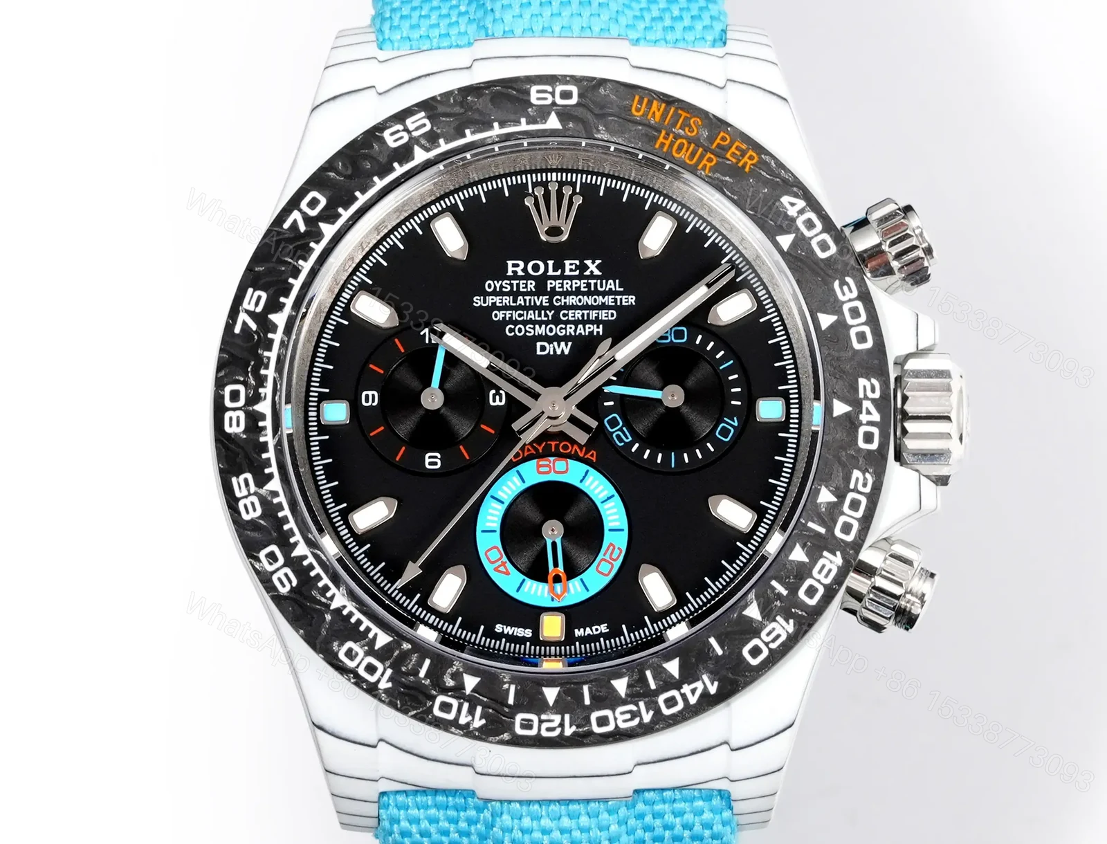 View 2 of Best Rolex Daytona White Turquoise Strap replica 40MM Black Dial Edition RG-DAYTONA-WHITE-TURQUOISE-STRAP-40