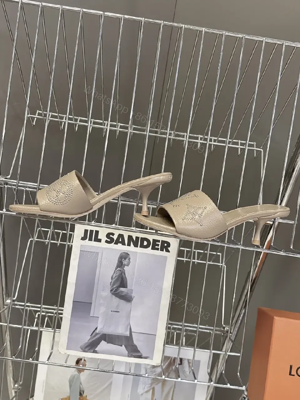 View 4 of Minimalist Taupe Leather Slides with Rhinestone Logo Embellishment