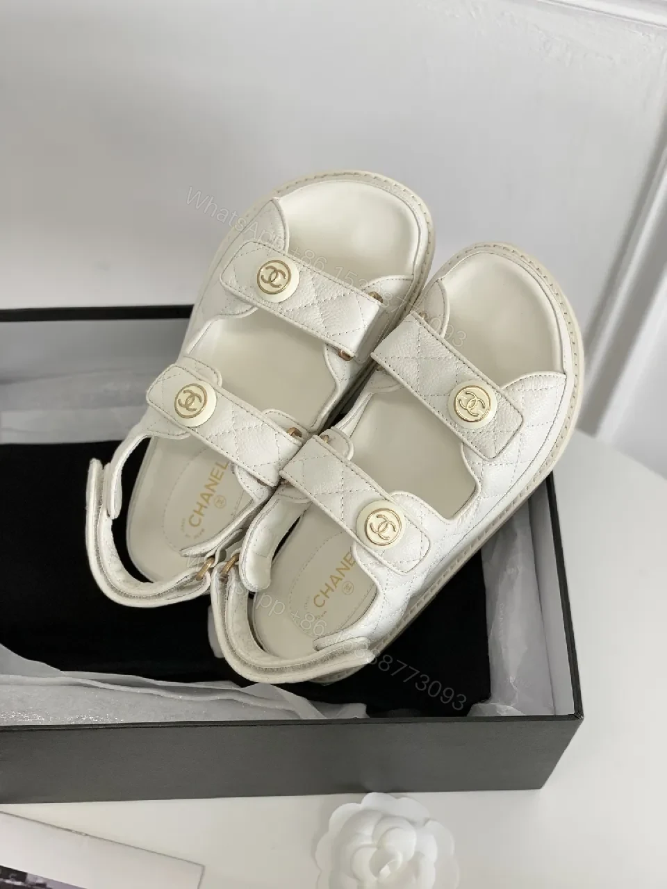 View 8 of White Quilted Sandals with Gold Emblem – Luxe Comfort Sandals
