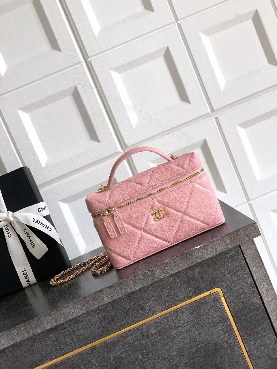 View 6 of Pink Quilted Mini Bag with Gold Hardware, Crossbody Style