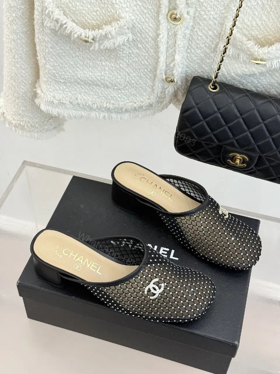 View 2 of Black Mesh Studded Mules Chanel Style Slippers