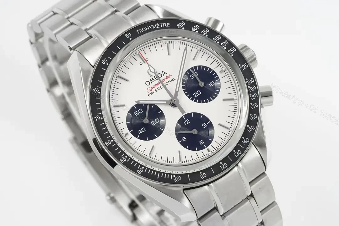 View 2 of Omega Speedmaster Professional Chronograph Watch White Dial Black Sub dials Stainless Steel Bracelet 44mm Case Automatic Caliber 9300 Dual Curved Sapphire Crystal