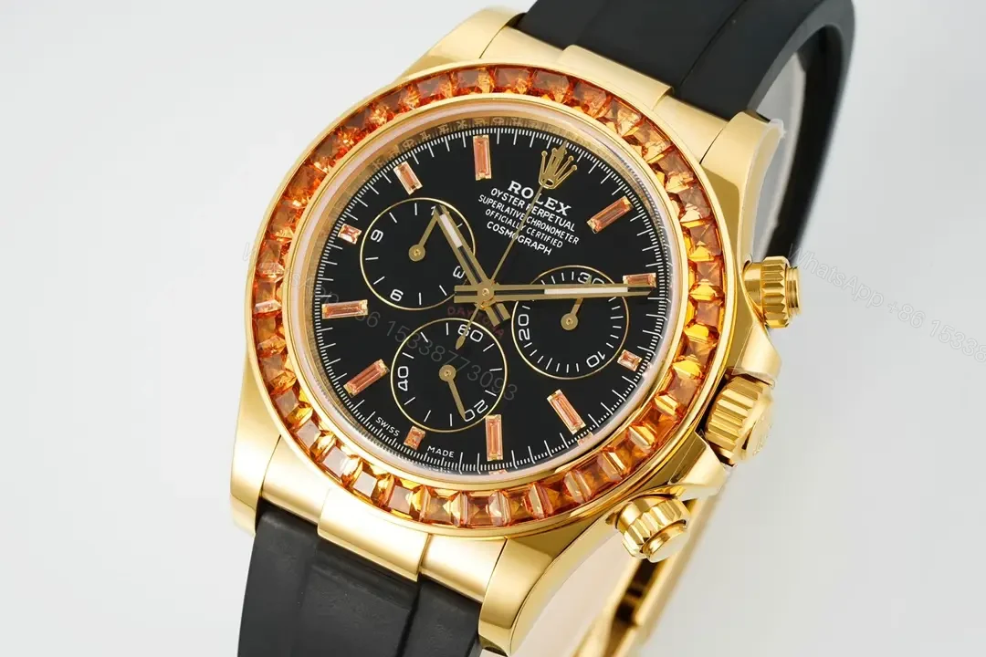 View 3 of Premium Rolex Daytona Orange Sapphire Gold replica 40MM Black Rubber Strap EditionRG-DAYTONA-ORANGE-SAPPHIRE-GOLD-RUBBER-40