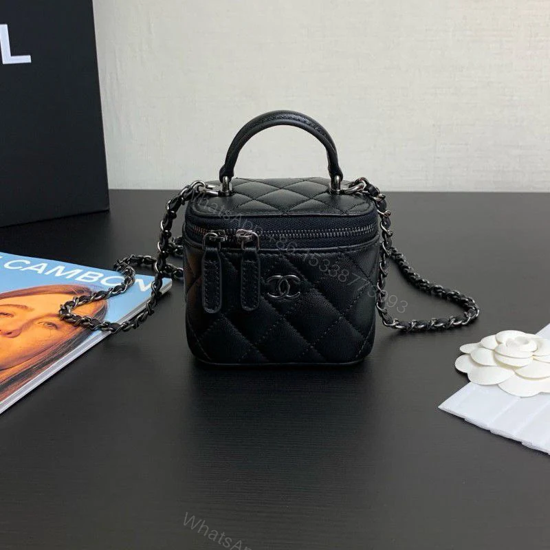 View 2 of Chanel Lambskin Quilted Top Handle Mini Vanity Case With Chain Black