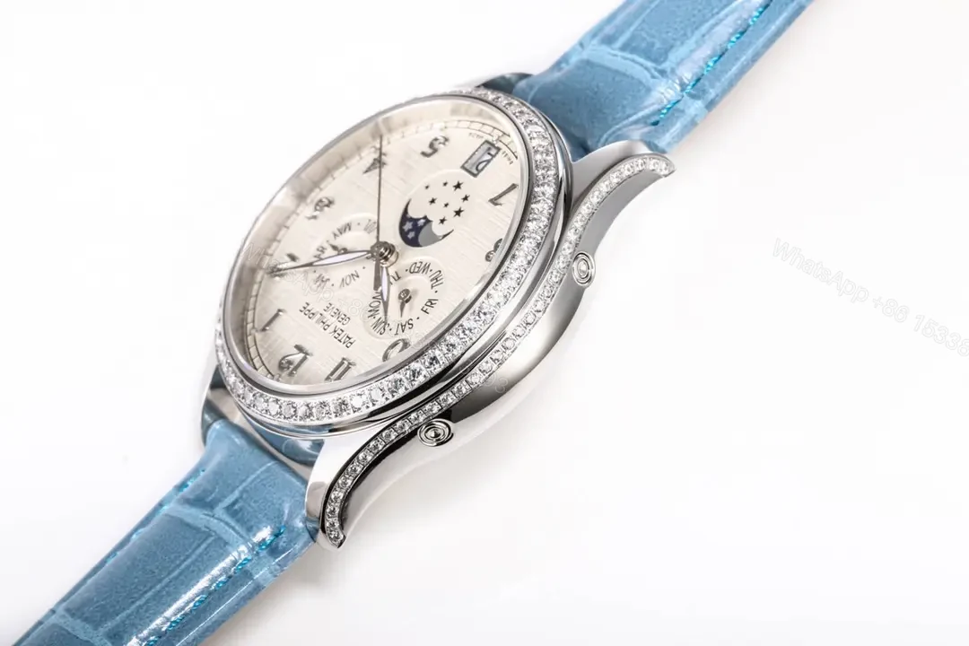 View 6 of Patek Philippe Complications Series Annual Calendar Moon Phase Women’s Watch 4947R/4947G 4948R/4948G White Dial with Blue Leather Strap Diamond Set Case