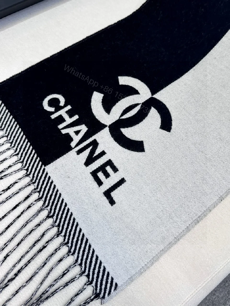 View 7 of Black-White Luxe Throw Scarf: Bold Contrast Weave, Fringe Edge