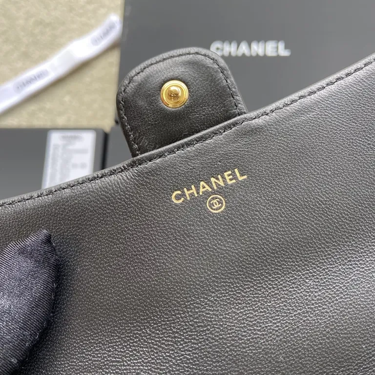View 9 of Chic Quilted Black Leather Wallet â€“ Gold CC Logo Luxury
