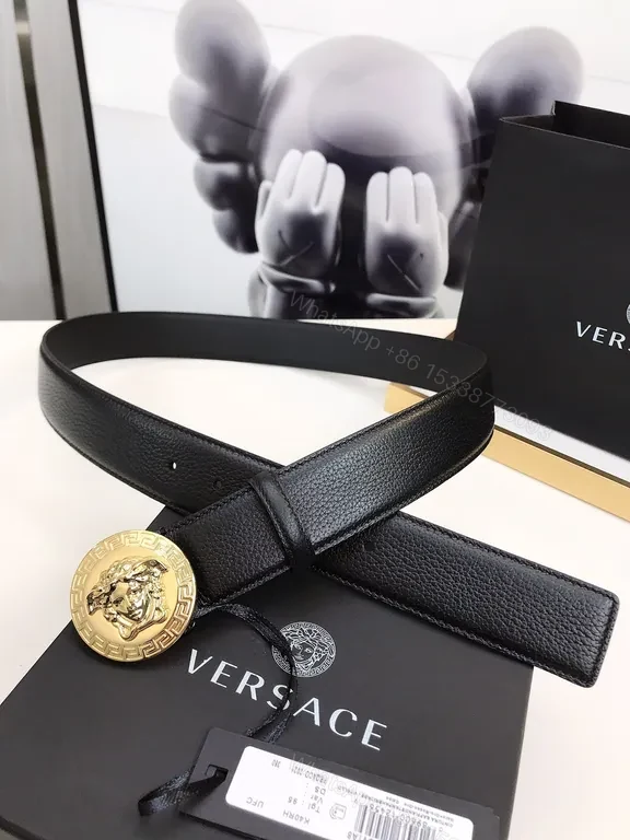 View 8 of Bold Versace-Style Leather Belt with Gold Medusa Buckle