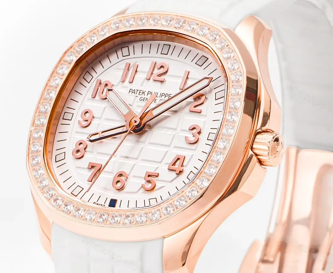 View 2 of Patek Philippe Aquanaut Luce 5268 Series Watch Rose Gold with Diamond Bezel White Rubber Strap Modern Casual Elegant Style
