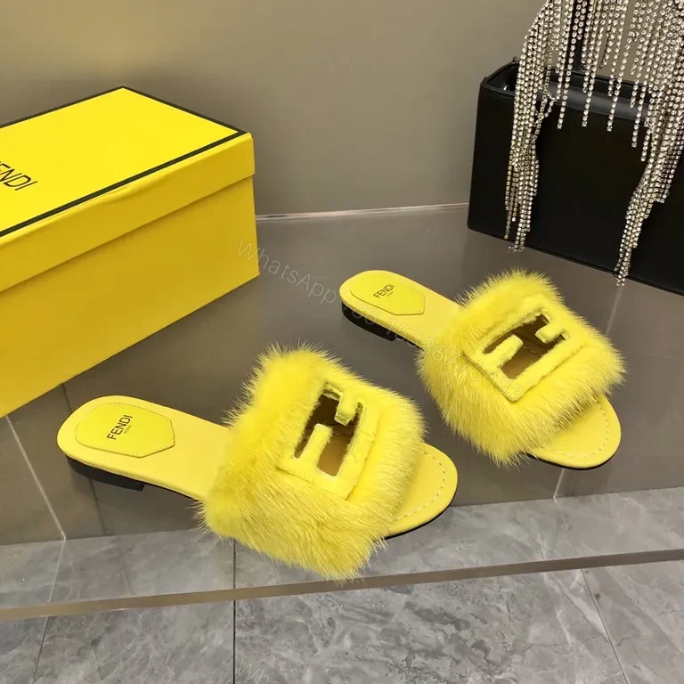 View 2 of Yellow Fur Slide: Luxe Fendi-Style, Contoured Comfort